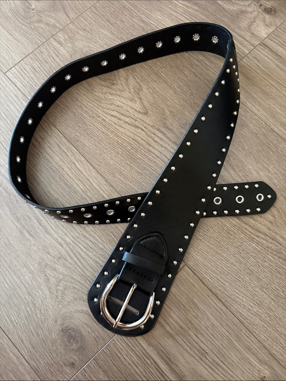 Black Studded Women's Leather Hip Belt with Silver Buckle